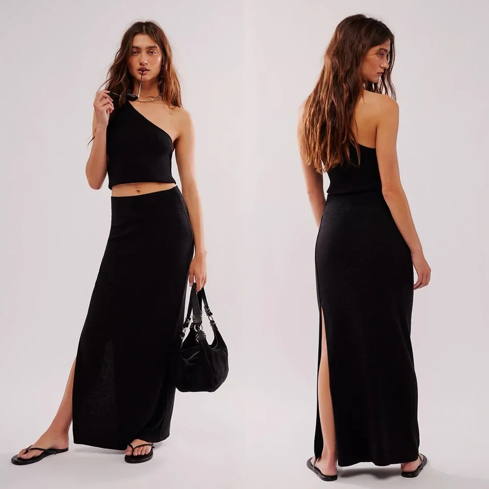 Free People Womens Golden Hour Maxi Skirt L Black Grunge Slit Straight Minimal - Picture 1 of 11